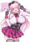  1girl blush breasts double_v garter_belt gloves headphones large_breasts long_hair looking_at_viewer miyamoto_issa nitroplus one_eye_closed open_mouth pink_eyes pink_hair skirt smile solo super_sonico thigh-highs v 