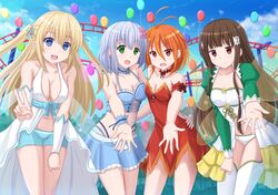  4girls :d amagi_brilliant_park amusement_park balloon bike_shorts blonde_hair blue_hair breasts brown_hair cleavage dress halterneck highres kazenokaze koborii_(amaburi) long_hair multiple_girls muse_(amaburi) open_mouth orange_hair panties salama_(amaburi) short_hair skirt smile sylphy_(amaburi) tagme thigh-highs two_side_up underwear white_legwear white_panties 