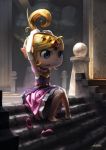  1girl adjusting_hair barefoot blonde_hair blue_eyes cassio_yoshiyaki dress elbow_gloves forehead_jewel gloves high_ponytail highres long_hair pigeon-toed pink_dress pointy_ears princess_zelda shoes_removed solo stairs the_legend_of_zelda tiara toes white_gloves wind_waker 
