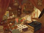  1girl barefoot birdcage blanket blonde_hair book book_stack bookshelf butterfly cabinet cage chair clock compass cup curtains desk drapes drawer dress fetal_position fumiyomogi globe grandfather_clock interior key lamp library long_hair map oil_lamp painting paper picture_frame pillow quill rozen_maiden rug scenery shinku sleeping solo suitcase table teacup twintails very_long_hair window 