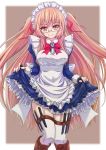  apron boots cross-laced_footwear glasses hair_ribbon highres lace-up_boots long_hair looking_at_viewer maid_headdress ribbon skirt_hold smile thigh-highs thigh_strap tori@gununu twintails white_legwear 