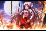  1girl bamboo bamboo_forest bow fire forest fujiwara_no_mokou full_moon hair_bow hair_ribbon highres juliet_sleeves letterboxed long_hair long_sleeves looking_at_viewer midriff moon nature navel night nvkka open_fly open_mouth pants puffy_sleeves red_eyes ribbon silver_hair sky solo suspenders torn_clothes torn_shirt touhou tress_ribbon unzipped very_long_hair 