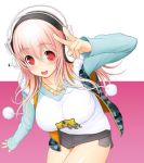  1girl blush breasts headphones large_breasts long_hair looking_at_viewer nitroplus open_mouth pink_eyes pink_hair smile solo super_sonico tsuji_santa v 