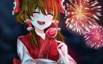  1girl adapted_costume bow brown_hair candy_apple closed_eyes festival fireworks hair_bow hair_ornament hair_tubes hakurei_reimu happy japanese_clothes kevn kimono long_sleeves night night_sky obi open_mouth ponytail sash sky smile solo touhou 