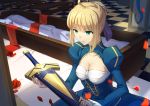  1girl ahoge avalon_(fate/stay_night) blonde_hair breasts canzhajiang cleavage dress excalibur fate/stay_night fate_(series) green_eyes hair_ribbon highres juliet_sleeves long_sleeves puffy_sleeves ribbon saber sheath sheathed solo sword weapon 