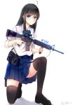  1girl absurdres ahoge allenes assault_rifle black_hair blue_eyes bowtie dated gun highres long_hair m16 one_knee original pleated_skirt rifle scope signature skindentation skirt solo thigh-highs trigger_discipline vertical_foregrip weapon zettai_ryouiki 