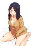  1girl barefoot black_hair blue_eyes blush breasts cleavage large_breasts long_hair long_sleeves naked_shirt original simple_background sitting solo wariza white_background 