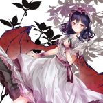  1girl bat_wings dress hair_between_eyes hand_on_own_chest highres lavender_hair looking_at_viewer mob_cap pink_dress puffy_short_sleeves puffy_sleeves red_eyes remilia_scarlet short_hair short_sleeves touhou wings wrist_cuffs 