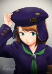  1girl arm_up brown_hair cojibou cuff_links green_eyes hand_on_headwear hat looking_at_viewer minamimi-san open_mouth original short_hair solo 