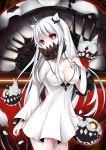  1girl absurdres breasts cannon cleavage covered_mouth cowboy_shot dress highres horns kantai_collection large_breasts long_hair long_sleeves midway_hime red_eyes sai_seki shinkaisei-kan solo turret veins very_long_hair white_dress white_hair 