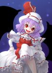  1girl :d bat_wings bow fangs hat hat_bow lavender_hair nekohane_ryou night open_mouth panties pantyshot red_eyes remilia_scarlet smile solo touhou underwear white_panties wings 