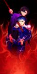  2boys black_hair blue_hair fate/stay_night fate_(series) fire gae_bolg impaled kotomine_kirei lancer multiple_boys naoko_(juvenile) polearm spear weapon 