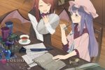  2girls :d bat_wings blue_eyes chair closed_eyes copyright_name cup desk glasses glasses_removed hat hayashi_kewi holding koakuma long_hair mob_cap multiple_girls open_mouth patchouli_knowledge purple_hair redhead revision smile teacup touhou tray wings 