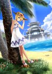  1girl bare_shoulders beach blonde_hair blue_eyes dress grass hat high_heels highres ocean palm_tree phantasy_star phantasy_star_online_2 ryou@ryou short_hair sky sleeveless smile solo straw_hat sundress tree water 