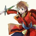  1boy brown_hair edward_(fire_emblem) fingerless_gloves fire_emblem fire_emblem:_akatsuki_no_megami gloves green_eyes harukawa male open_mouth solo sword weapon 