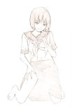  1girl barefoot monochrome original school_uniform self_fondle short_hair sketch skirt skirt_lift solo traditional_media yoshitomi_akihito 