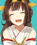  1girl bare_shoulders brown_hair chisumi closed_eyes detached_sleeves hairband headgear kantai_collection kongou_(kantai_collection) long_hair nontraditional_miko open_mouth simple_background solo 