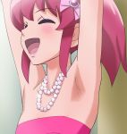  1girl ^_^ aino_megumi armpits arms_up bare_shoulders closed_eyes happinesscharge_precure! haruyama_kazunori jewelry necklace open_mouth ponytail precure redhead short_hair solo 