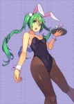  1girl animal_ears bare_shoulders black_legwear bunnysuit covered_navel from_below green_eyes green_hair hatsune_miku long_hair open_mouth pantyhose rabbit_ears revision small_breasts solo tray twintails very_long_hair vocaloid wrist_cuffs yuksi 