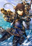  1girl alternate_costume alternate_weapon armor brown_eyes brown_hair cannon fubuki_(kantai_collection) headband japanese_clothes kantai_collection katana machinery ocean samurai_armor shingo_(picturepuzzle) sketch solo splashing sword thigh-highs turret weapon 