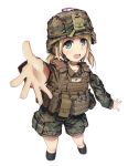  1girl absurdres adapted_uniform blonde_hair blush camouflage fang from_above green_eyes helmet highres load_bearing_vest looking_at_viewer looking_up military military_uniform open_mouth original outstretched_hand short_hair short_twintails shorts simple_background smile solo tc1995 twintails uniform white_background 