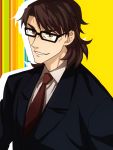  1boy brown_eyes brown_hair dairii fate/stay_night fate/tiger_colosseum fate_(series) formal glasses kotomine_kirei necktie solo suit 