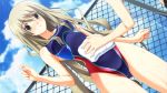  1girl 5pb. blonde_hair blue_sky blush chaos;head chaos;head_love_chu_chu! clouds collarbone competition_swimsuit fence highleg highleg_swimsuit kusunoki_yua long_hair matsuo_yukihiro nitroplus official_art one-piece_swimsuit sky solo standing swimsuit towel very_long_hair wet yellow_eyes 