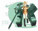  1girl appetizer_(gray) armor artist_name blonde_hair blue_eyes boots cannon caterpillar_tracks character_name dated garrison_cap hammer_and_sickle hat highres mecha_musume military military_vehicle original personification short_hair skirt solo t-54 tank turret vehicle 