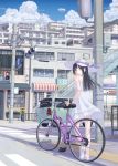  1girl bicycle black_hair blue_eyes car cityscape dirigible dress hat highres long_hair motor_vehicle original sandals scenery sky smile solo tagme taka_(tsmix) vehicle zeppelin 