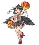  1girl adapted_costume arm_up armpits black_hair black_wings blush breasts brown_eyes cheerleader fun_bo geta hat navel one_eye_closed open_mouth pom_pom_(clothes) pom_poms shameimaru_aya short_hair simple_background skirt sleeveless sleeveless_shirt smile solo tokin_hat touhou white_background wings 