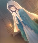  1girl brown_hair candle candlelight closed_eyes dress dutch_angle flowers_(innocent_grey) game_cg hands_clasped highres indoors kousaka_mayuri long_sleeves official_art praying short_hair solo sugina_miki window 