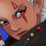  1girl close-up dark_skin eyebrows eyeliner face facial_tattoo impa lips makeup nose pointy_ears red_eyes scarf solo tattoo the_legend_of_zelda tsukuyomi_land white_hair zelda_musou 