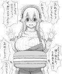  1girl blush breasts headphones large_breasts long_hair looking_at_viewer macaron monochrome nitroplus open_mouth overalls oversized_object solo super_sonico suspenders translation_request tsuji_santa 