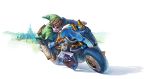  1boy blonde_hair blue_eyes brown_gloves chainmail commentary concept_art driving earrings fingerless_gloves gloves hat jewelry link mario_kart mario_kart_8 motor_vehicle motorcycle nintendo official_art pointy_ears solo the_legend_of_zelda triforce vehicle 