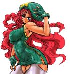  1girl alternate_costume alternate_skin_color bare_shoulders beret blue_eyes breasts china_dress chinese_clothes dress female gloves green_dress green_gloves hat highres hong_meiling large_breasts ledjoker07 long_hair looking_at_viewer redhead short_dress sketch solo standing tan tattoo thigh-highs touhou wavy_hair white_legwear zettai_ryouiki 