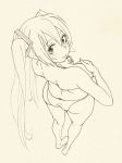  1girl blush covering covering_breasts from_above from_behind hatsune_miku long_hair looking_back monochrome panties sketch solo topless twintails underwear vocaloid wokada 