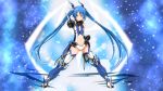  1girl blue blue_background blue_eyes blue_hair blue_legwear bodysuit boots gloves hair_ornament happy henshin long_hair looking_at_viewer mecha_musume ore_twintail_ni_narimasu pose smile solo standing tail_blue thigh-highs thighs transformation tsube_aika twintails yuto_(dialique) 