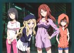  4girls :&lt; absurdres beret black_hair blonde_hair blue_eyes breasts brown_eyes brown_hair cleavage dress frenda_seivelun gym_uniform hand_on_hip hand_on_thigh hands_in_pockets hat highres hiyamizu_yukie kinuhata_saiai mugino_shizuri multiple_girls official_art pants pantyhose scan sleeveless_hoodie smile takitsubo_rikou to_aru_kagaku_no_railgun to_aru_majutsu_no_index track_pants 