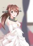  1girl breasts bride brown_eyes brown_hair bust cherry_blossoms cleavage dress elbow_gloves flower gloves hair_flower hair_ornament headgear highres jitei kantai_collection large_breasts long_hair looking_at_viewer open_mouth outstretched_hand ponytail smile solo strapless_dress wedding_dress white_dress white_gloves yamato_(kantai_collection) 