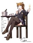  1girl alcohol animal_ears black_legwear blazer blue_eyes bottle brown_hair bucket cat_ears crossed_legs fork glass glasses loafers long_hair looking_at_viewer mouse mouth_hold original ponytail school_uniform shoes signature sitting skirt smile solo table thigh-highs torigoe_takumi twitter_username white_background wine x_x 