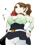  1girl breasts brown_eyes brown_hair bursting_breasts buttons gundam gundam_build_fighters gundam_build_fighters_try hair_ornament large_breasts pantyhose plump popped_button sazaki_kaoruko skirt smile solo torigoe_takumi twintails white_legwear 