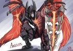  1boy aatrox blade demon horns league_of_legends nam_(valckiry) no_humans red_eyes solo wings 
