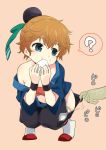 1girl ? bare_shoulders blue_eyes brown_hair eating food hat hat_ribbon highres into-rain onigiri ratchet_wrench_(ole_tower) ribbon short_hair solo_focus spoken_question_mark tubetop 