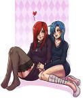  2girls bandages blue_hair blush breasts choker clockwork-cadaver eyeshadow flats garters hair_down hair_over_one_eye heart highres holding_hands kiss_mark lace lace-trimmed_thighhighs lips long_hair makeup miniskirt multiple_girls nose one-eyed parasoul_(skullgirls) pigeon-toed red_eyes redhead scar scar_across_eye sheer_legwear side-by-side sitting skirt skullgirls sweater sweater_dress thigh-highs valentine valentine_(skullgirls) yellow_eyes yuri 