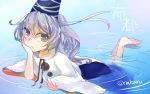  1girl grey_eyes hand_on_own_cheek hand_on_own_face hat hat_ribbon japanese_clothes kariginu long_hair long_sleeves looking_at_viewer mononobe_no_futo nazuna_akaru partially_submerged ponytail ribbon ripples shirt silver_hair solo touhou water wet wet_clothes wide_sleeves 