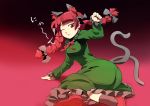  1girl animal_ears ass bow braid breasts cat_ears cat_tail dress extra_ears green_dress hair_bow highres kaenbyou_rin long_sleeves looking_at_viewer multiple_tails one_eye_closed paw_pose red_eyes redhead sinzan smile solo tail touhou translated twin_braids 