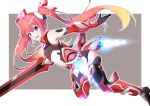  1girl artist_request blonde_hair bodysuit gradient_hair hair_ornament happy long_hair looking_at_viewer mecha_musume mitsuka_souji multicolored_hair open_mouth ore_twintail_ni_narimasu red_eyes redhead smile solo source_request sword tail_red twintails very_long_hair weapon 