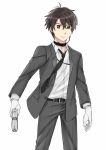  1boy aldnoah.zero brown_eyes brown_hair formal gun headset kaizuka_inaho male necktie shikasuga_(homojina) short_hair suit weapon 