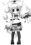  1girl adapted_costume animal_ears arm_up black_legwear blush chestnut_mouth detached_sleeves geta halloween halloween_costume hat hat_ribbon hikanyan inubashiri_momiji long_sleeves looking_at_viewer midriff monochrome navel open_mouth pumpkin_shorts ribbon shirt sleeves_past_wrists solo standing tail thigh-highs tokin_hat touhou wide_sleeves wolf_ears wolf_tail zettai_ryouiki 