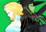  2girls back-to-back bare_shoulders black_hair blonde_hair blue_eyes dress elphaba glinda gown green_background green_skin hat long_hair multiple_girls open_mouth puffy_short_sleeves puffy_sleeves respawnmayomayo short_hair short_sleeves wicked witch witch_hat 